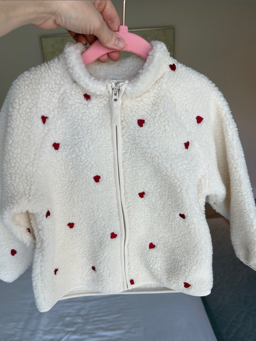 H&M Cream Sherpa Jacket with Red Heart Embroidery